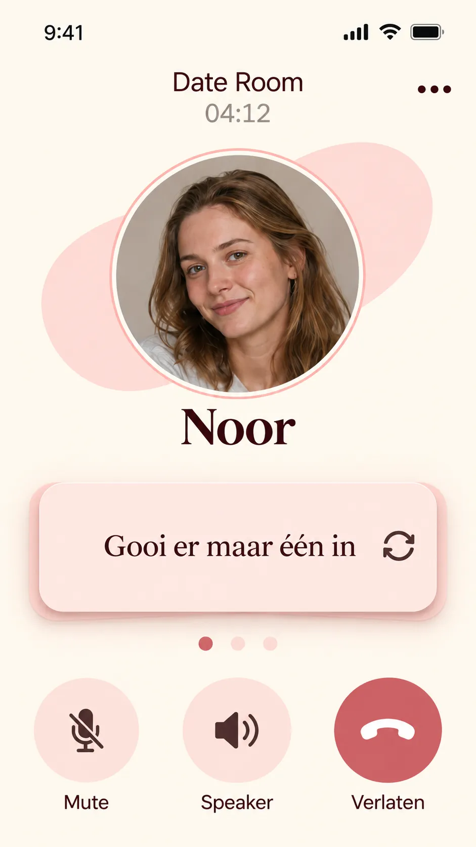 Rooze Date Room met Noor, de resterende gesprekstijd en gespreksknoppen