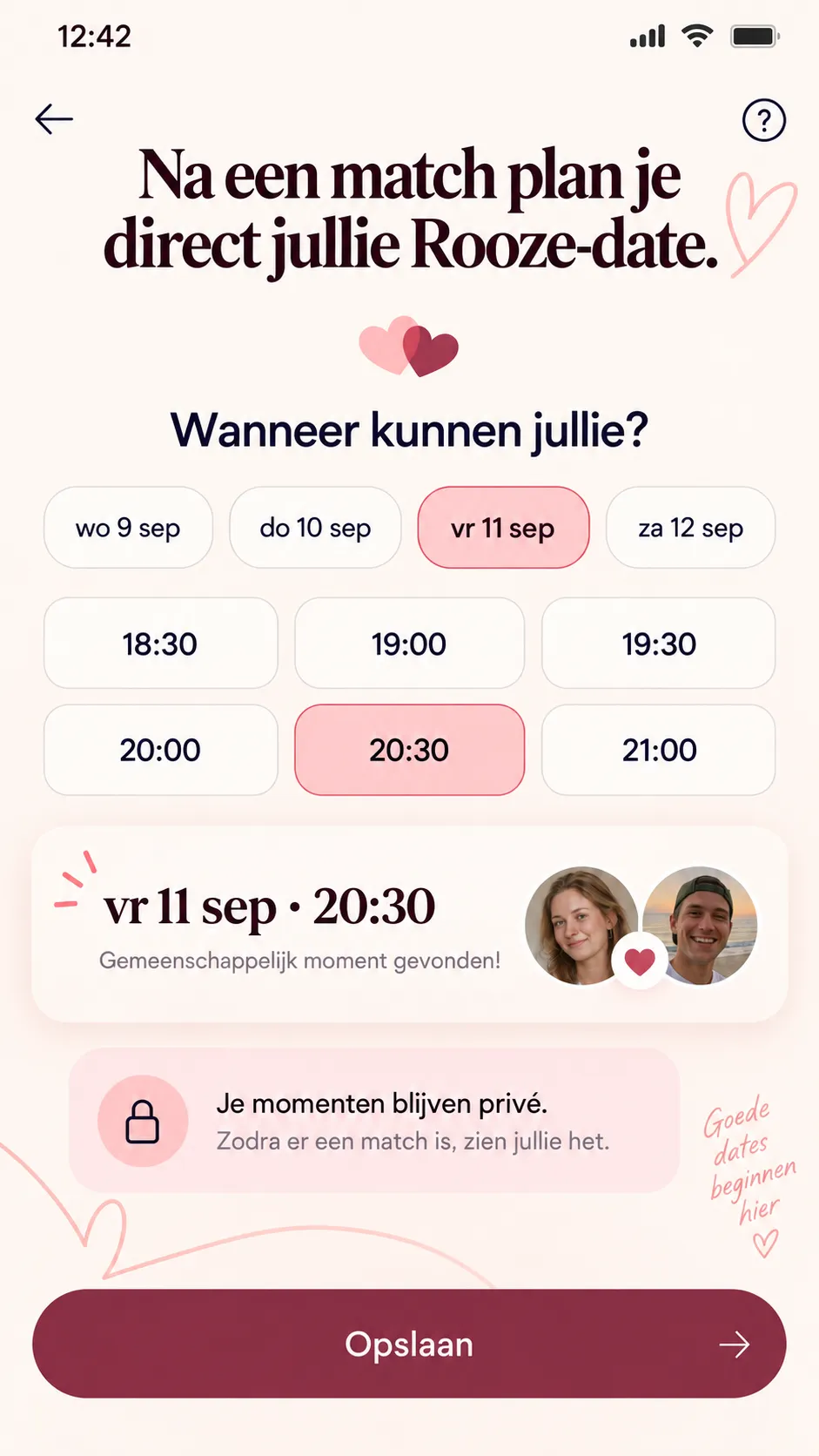 Rooze-planningsscherm met beschikbare dagen, tijdstippen en een gezamenlijk moment